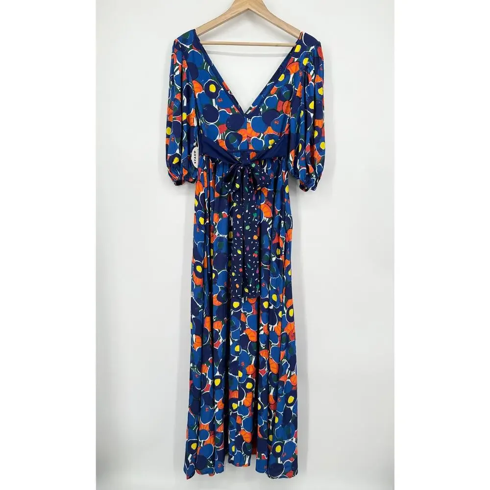 STAUD Affogato Maxi Dress V-Neck Balloon Sleeve Fruit Print Belted, Blue NWT - Picture 11 of 16
